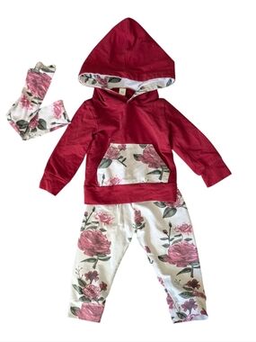 Kids Floral Red Hoodie & Legging Matching Set
